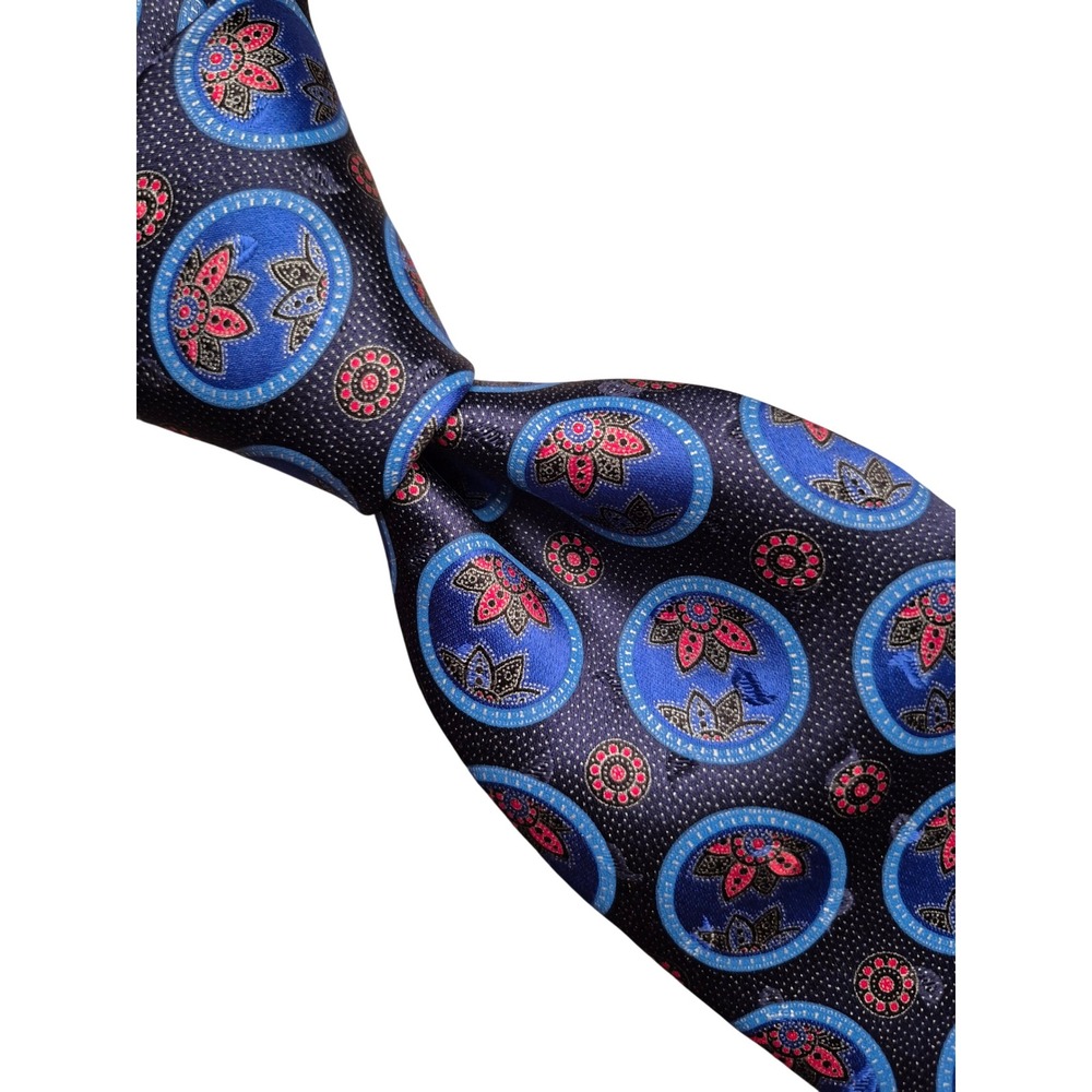 Ermenegildo Zegna Recent Mens Silk Tie Navy Blue Floral Medallion Made in Italy